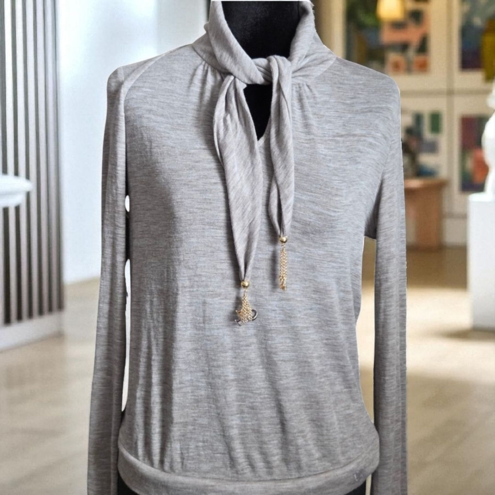 Louis Vuitton Stylish Gray Cowl Neck Long Sleeve Shirt With Jeweled Tie